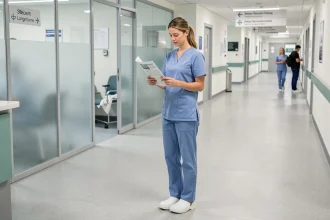Aide soignante en uniforme bleu consultant un document dans un couloir d'hôpital au Luxembourg