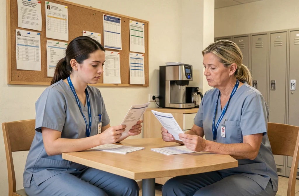 Deux aides soignantes frontalières comparant leurs fiches de salaire dans une salle de pause hospitalière