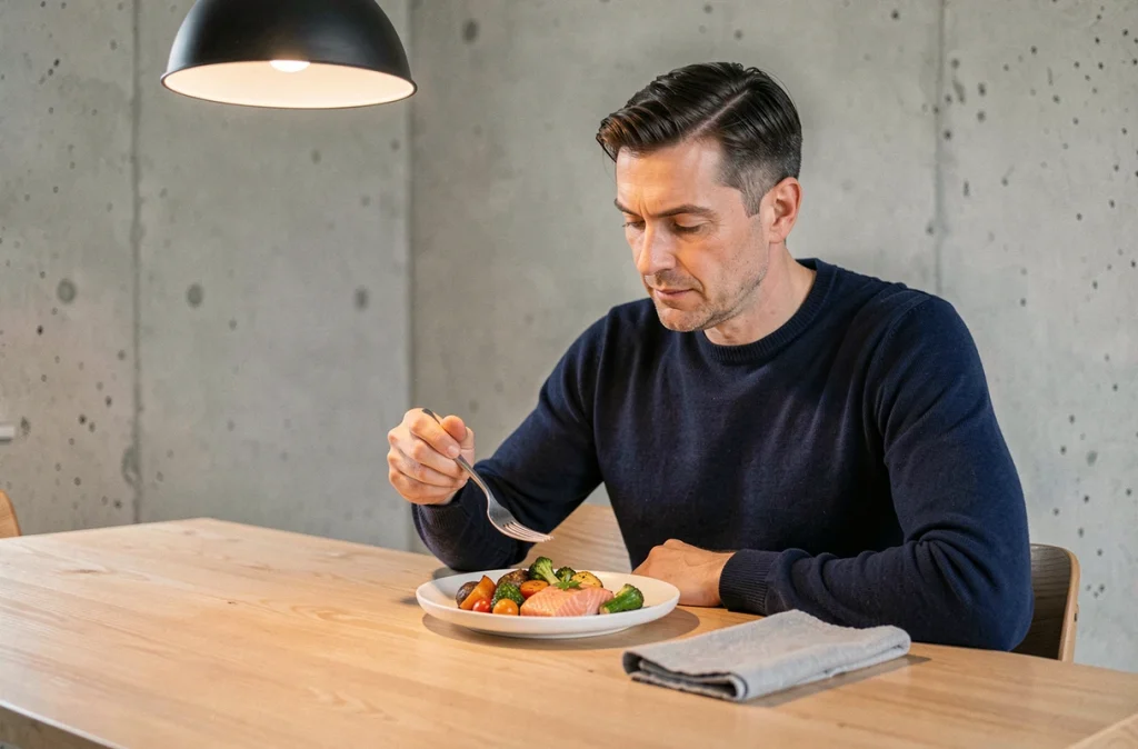 Homme mangeant lentement et consciemment un repas équilibré de légumes et de saumon dans un appartement scandinave