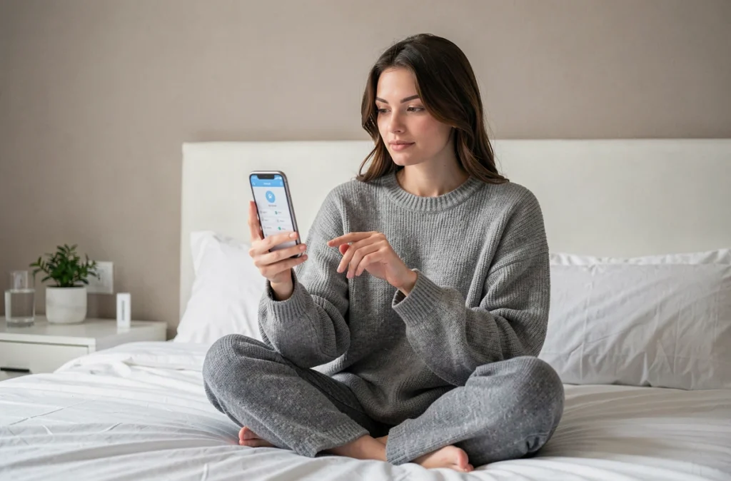 Jeune femme utilisant une application de suivi de fertilité pour estimer sa date d'ovulation et calculer l'accouchement