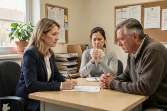 Assistante sociale en entretien avec un couple confronté à la maladie dans un bureau administratif