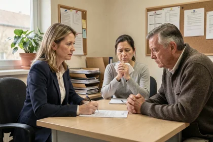 Assistante sociale en entretien avec un couple confronté à la maladie dans un bureau administratif