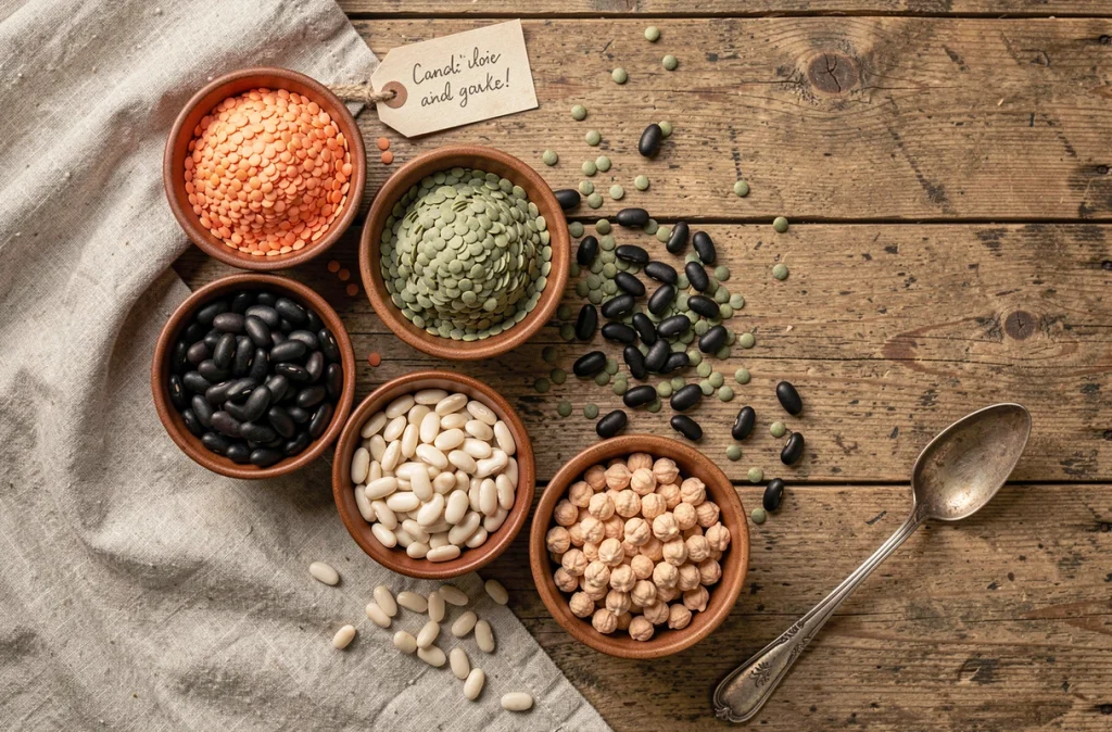 Assortiment de légumineuses sèches et cuites dans des bols en céramique sur une table en bois rustique