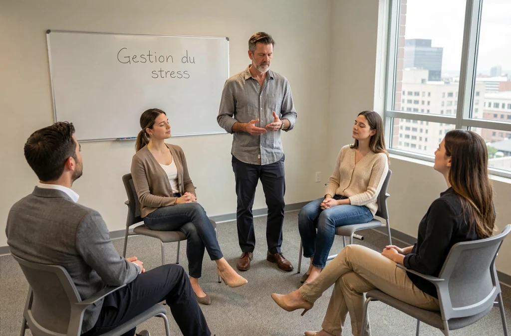 Sophrologue animant un atelier de gestion du stress pour un groupe d'employés dans une salle de réunion d'entreprise