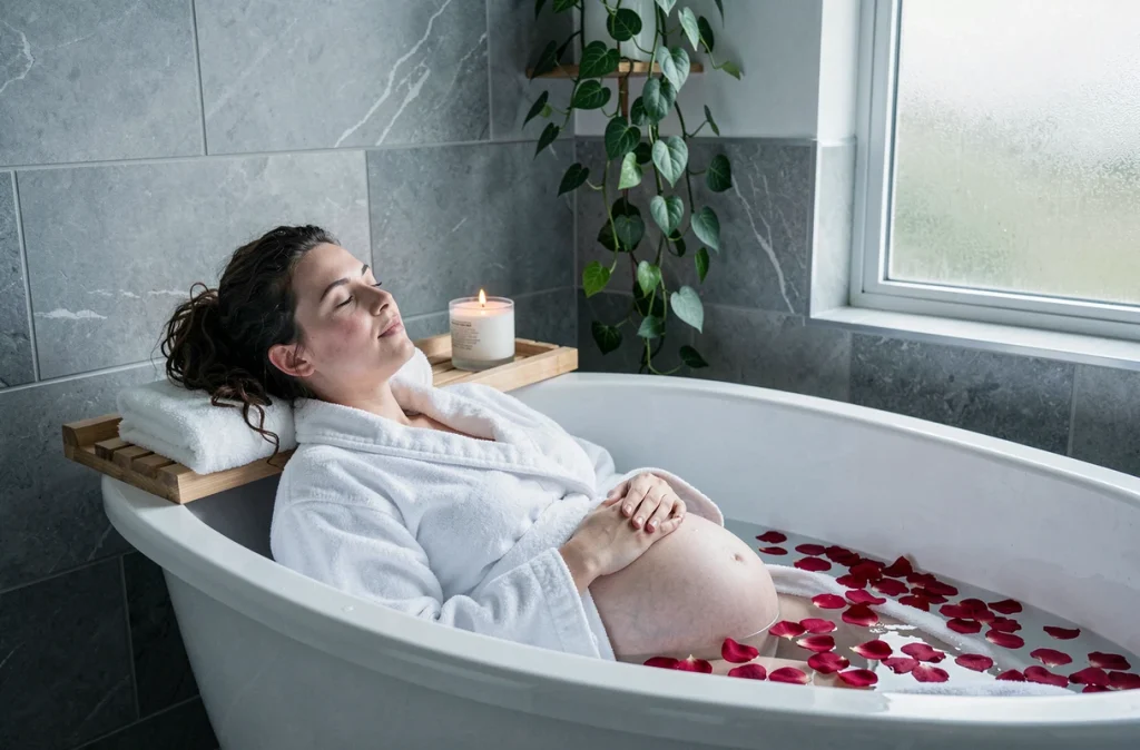 Future maman se relaxant dans un bain aux pétales de rose dans une salle de bain en pierre grise, expression détendue et sereine