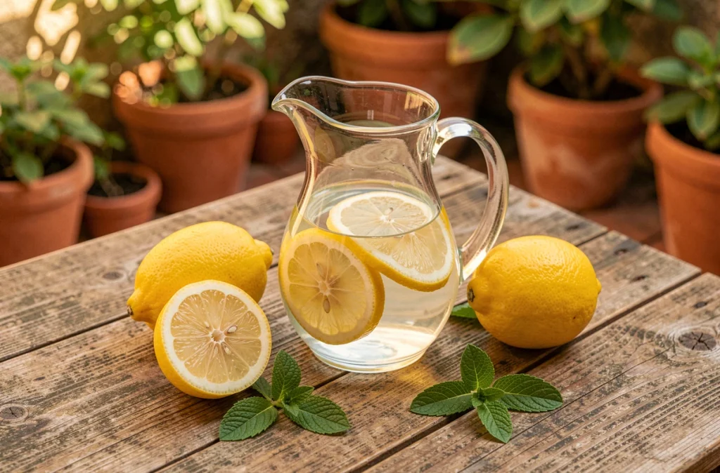 Carafe d'eau citronnée avec des tranches de citron et des feuilles de menthe sur une table en bois rustique, symbolisant une boisson naturelle pour booster le métabolisme
