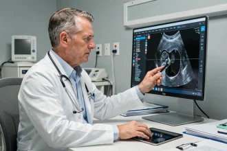 Cardiologue examinant des images d'échocardiographie dans un cabinet médical pour diagnostiquer une insuffisance cardiaque