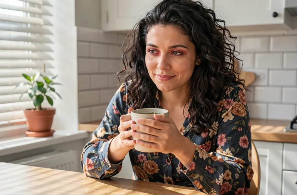 Femme en début de grossesse tenant une tasse de tisane à la cuisine, exprimant une fatigue émotionnelle mêlée de douceur
