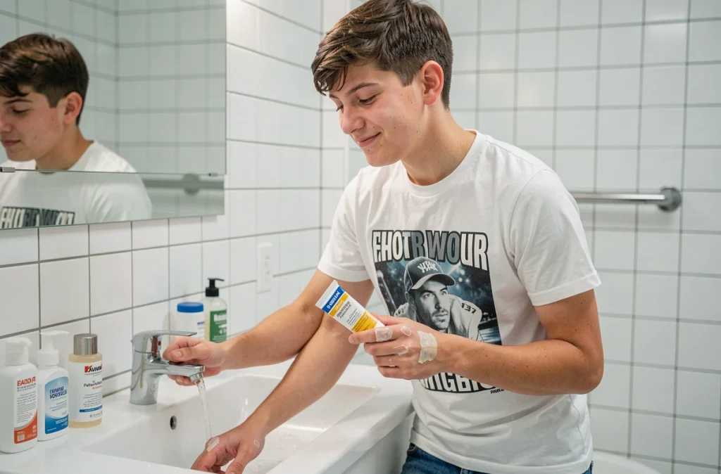 Adolescent enlevant de la colle forte sur les doigts sous l'eau au lavabo avec de la vaseline