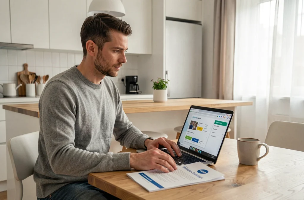 Homme comparant les offres d'assurance en réseau classique et Groupama sur son ordinateur portable à domicile