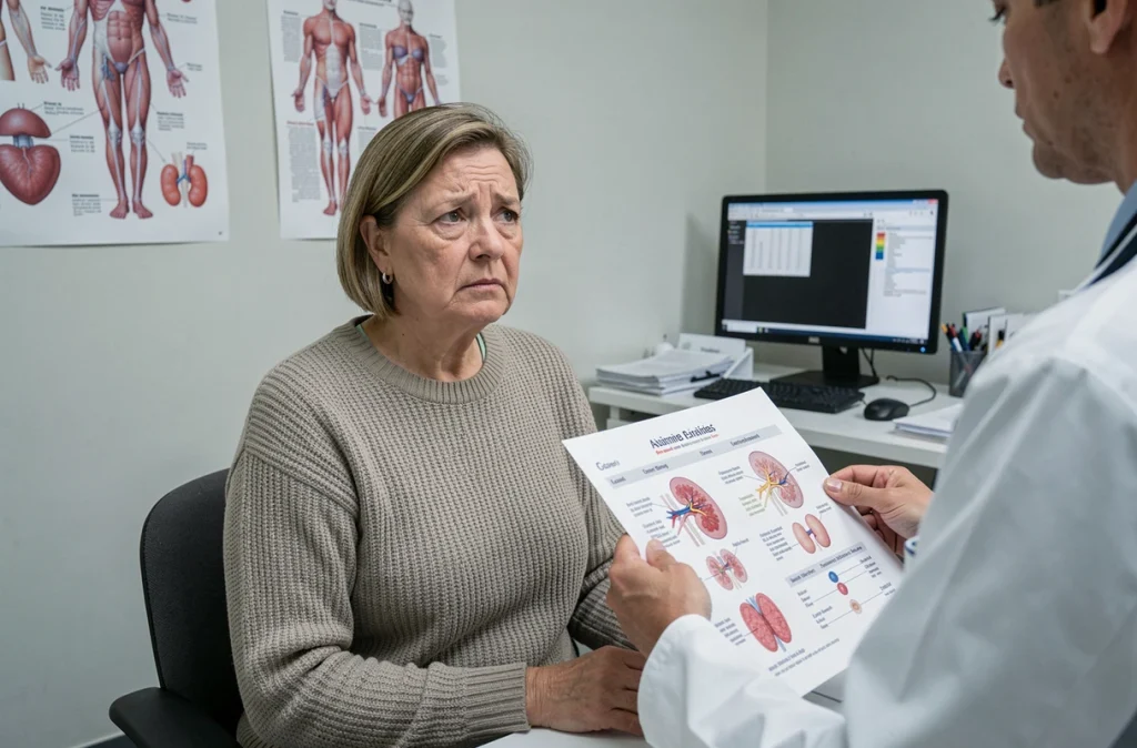 Une femme en consultation médicale discutant des complications rénales et vasculaires du diabète de type 2 avec son médecin