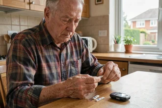 Un homme de 60 ans vérifiant sa glycémie avec un glucomètre à la maison, illustrant la gestion quotidienne du diabète de type 2