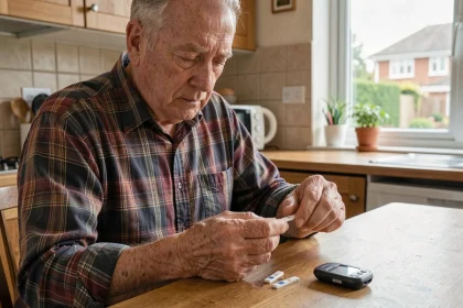 Un homme de 60 ans vérifiant sa glycémie avec un glucomètre à la maison, illustrant la gestion quotidienne du diabète de type 2