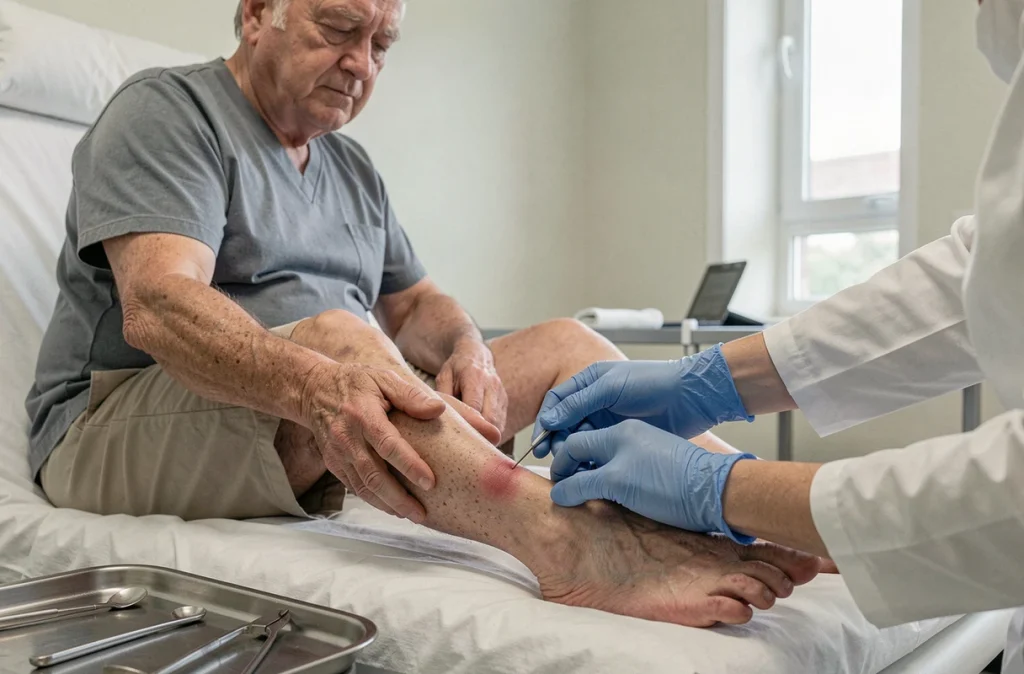 Examen podiatrique d'un patient diabétique pour détecter des complications neurologiques ou vasculaires liées au diabète de type 2