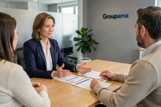 Conseillère Groupama en agence expliquant un contrat d'assurance à un couple de clients autour d'un bureau moderne