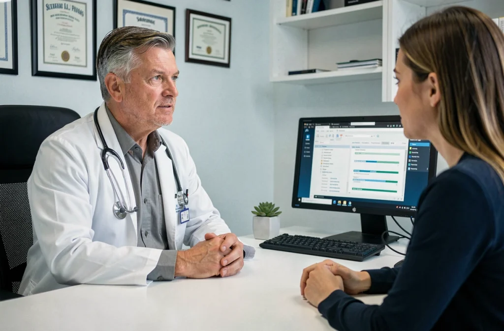 Médecin généraliste en consultation avec une patiente dans un cabinet du Pôle médical Marne-la-Vallée