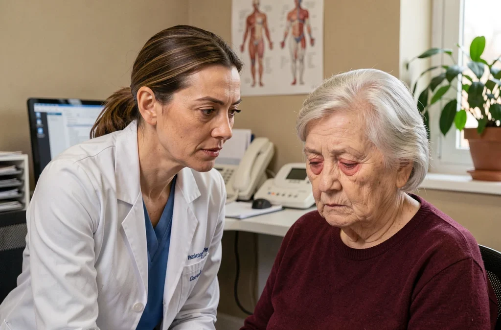 Médecin généraliste écoutant avec empathie une patiente âgée lors d'une consultation médicale, illustrant la détection et la prise en charge de la dépression chez les personnes âgées