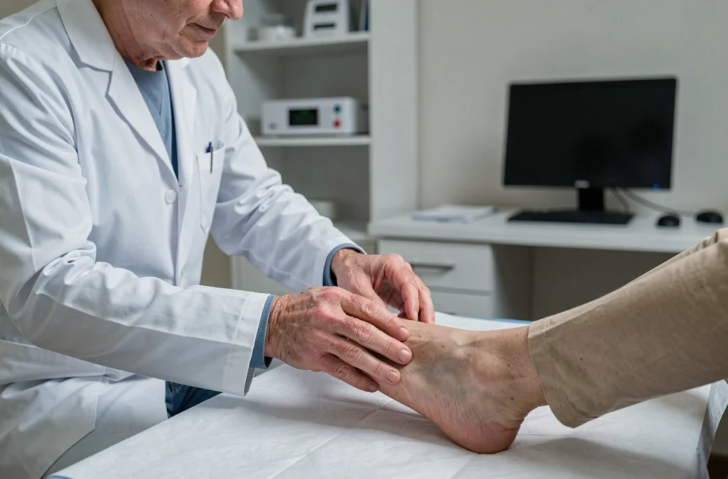 Médecin examinant le dessus du pied d'un patient lors d'une consultation médicale