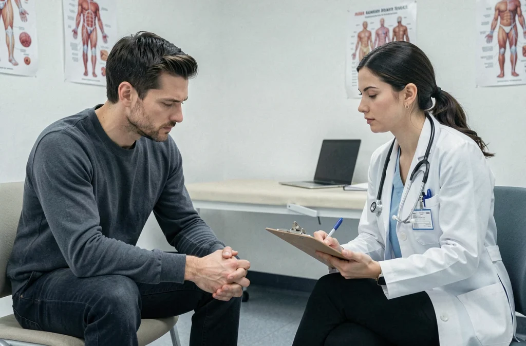 Patient et médecin lors d'une consultation sur la fibromyalgie dans un cabinet médical