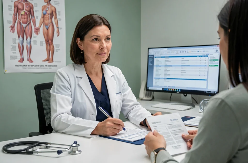 Médecin gynécologue en consultation expliquant les symptômes et le traitement du mycoplasme à une patiente