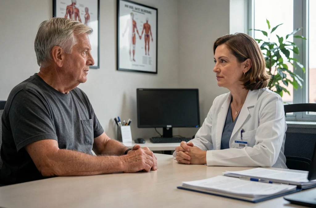 Patient âgé en consultation neurologique pour évaluer les premiers symptômes de la maladie de Parkinson face à une médecin attentive
