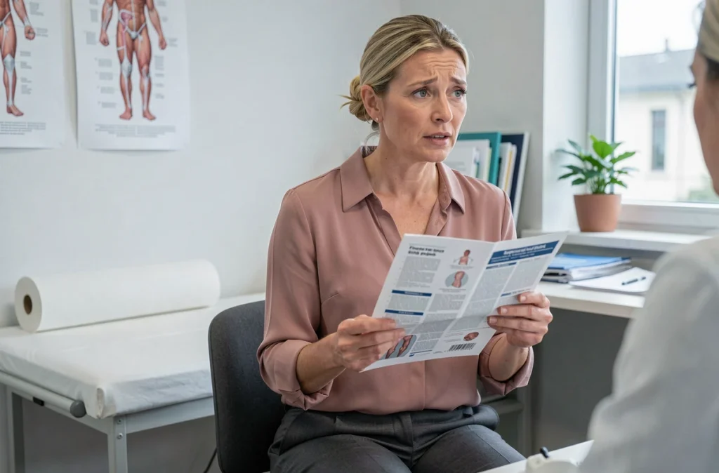 Femme en consultation neurologique tenant une brochure médicale, représentant le diagnostic et le suivi de la sclérose en plaques