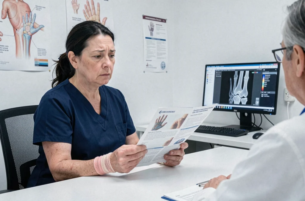 Patiente atteinte de polyarthrite rhumatoïde en consultation médicale avec un rhumatologue dans un cabinet clinique
