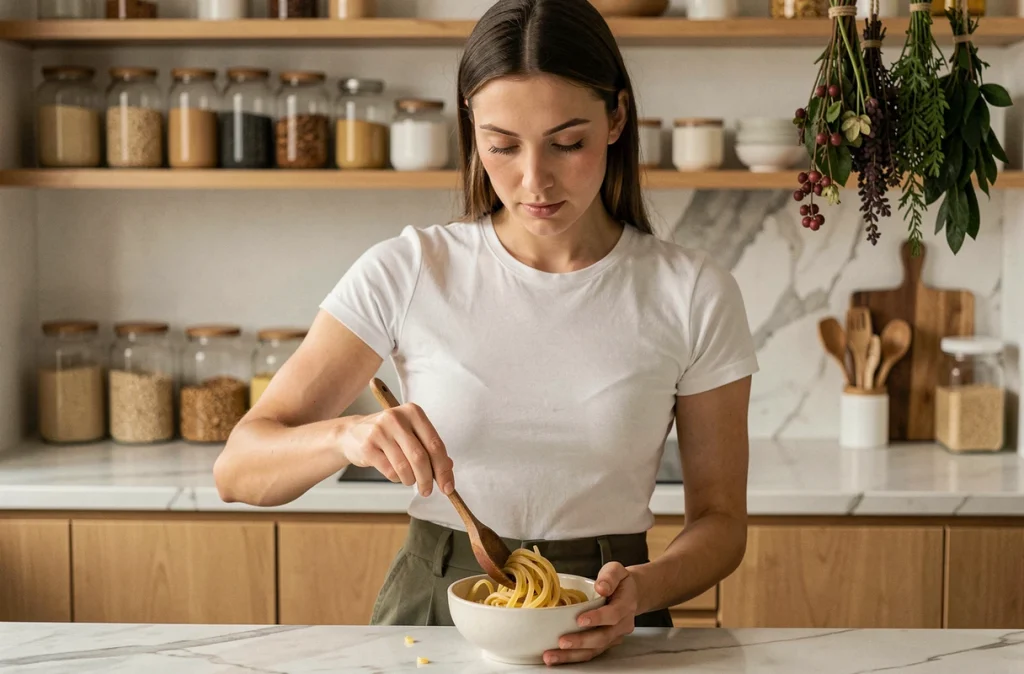 Jeune femme mesurant consciencieusement une portion de pâtes dans un bol sur un comptoir en marbre dans une cuisine moderne