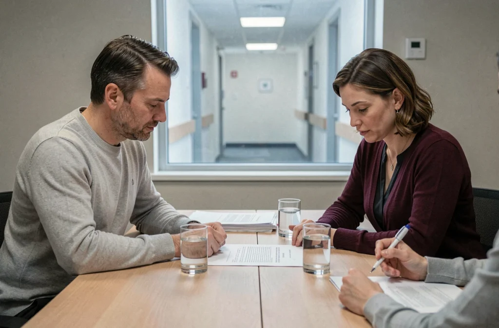 Couple en cours de séparation examinant un document lors d'une session de médiation familiale dans un bureau neutre