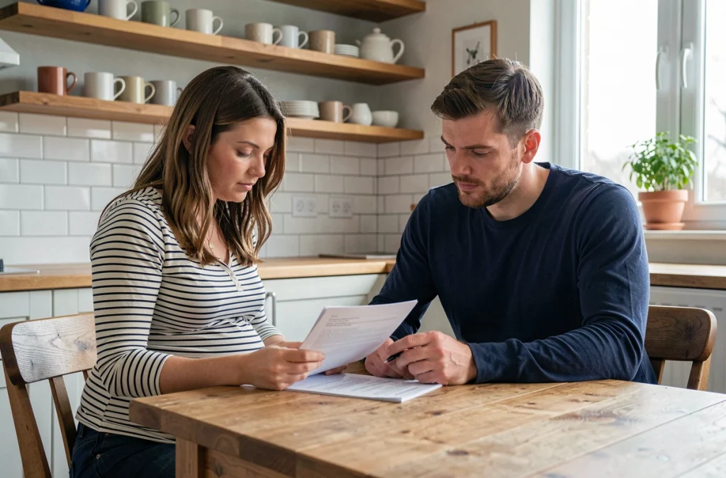 Un couple attend un bébé et révise ensemble des documents prénataux à une table de cuisine en bois dans un intérieur moderne