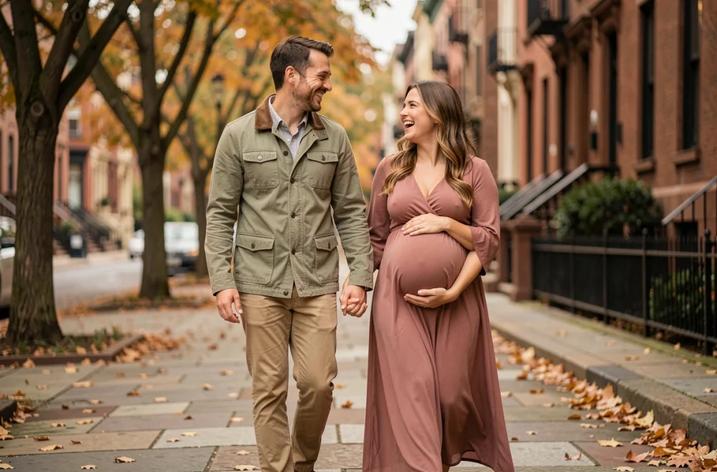 Un couple dont la femme est enceinte au troisième trimestre se promène main dans la main en riant sur un trottoir bordé d'arbres en automne