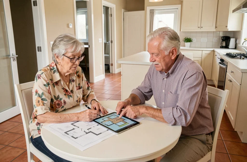 Couple de seniors planifiant l'adaptation de leur cuisine pour vieillir à domicile en toute autonomie