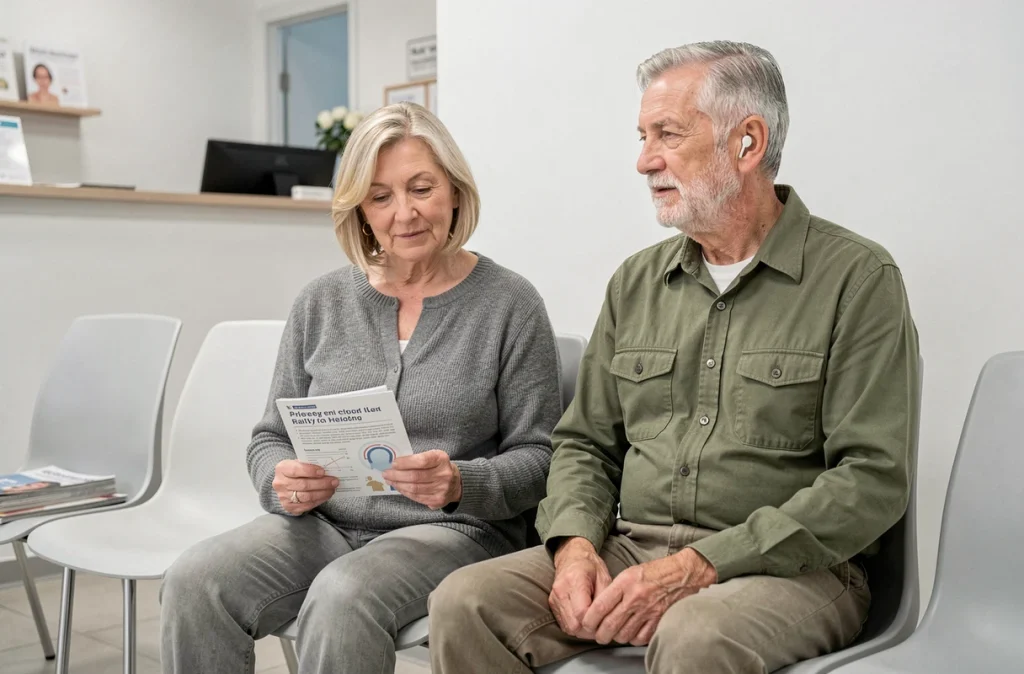 Couple de seniors en salle d'attente d'un audiologiste, appareil auditif visible