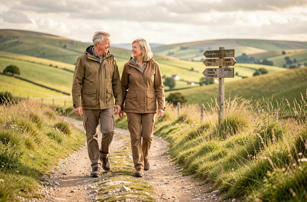 Couple de seniors marchant sur un sentier de campagne pour atteindre leurs 10000 pas quotidiens et préserver leur santé