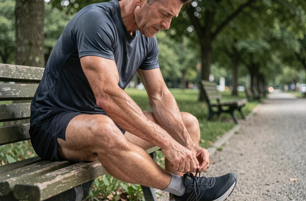 Coureur examinant le dessus de son pied après une séance de jogging dans un parc urbain