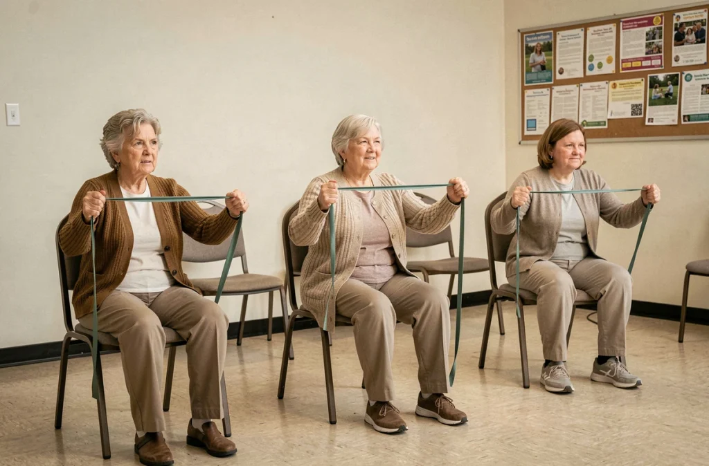 Groupe de femmes seniors pratiquant des exercices avec bandes élastiques en salle pour améliorer leur stabilité et prévenir les chutes
