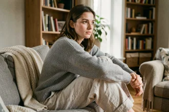 Femme enceinte du premier trimestre assise seule sur un canapé, exprimant une émotion pensive et introspective