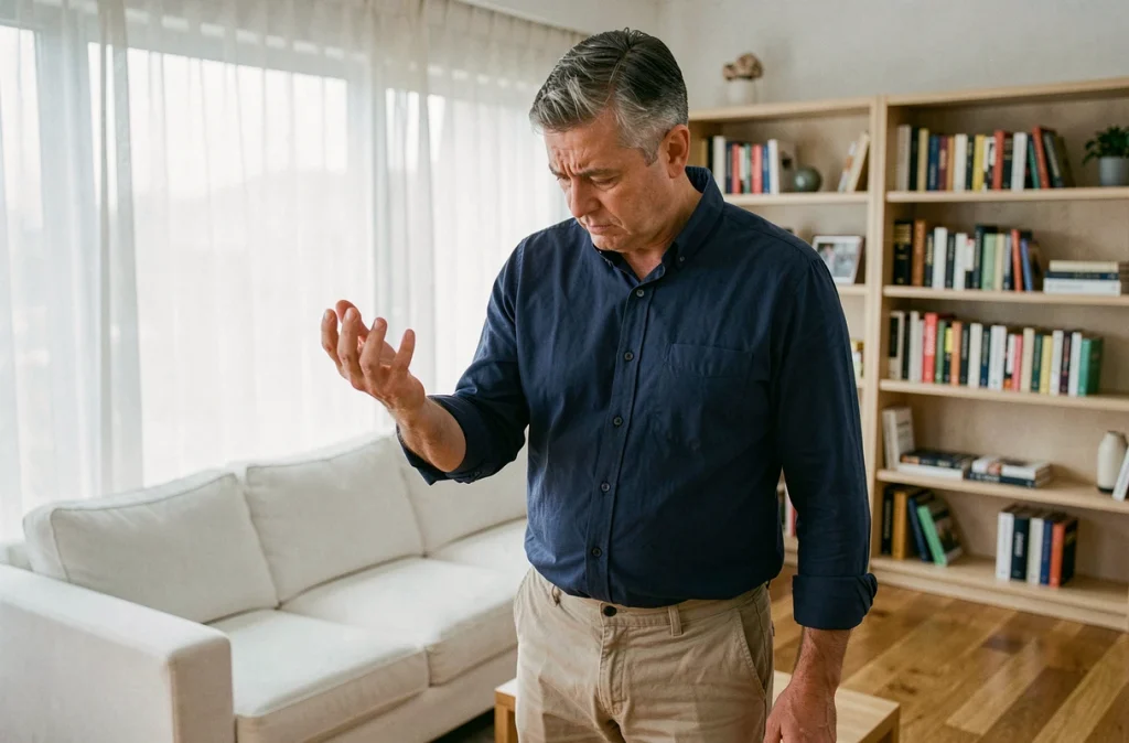 Homme d'âge moyen examinant sa main avec inquiétude, symbolisant les engourdissements et fourmillements liés à la sclérose en plaques