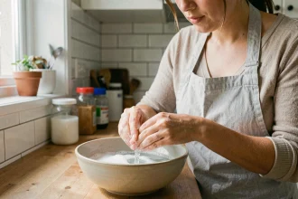 Femme retirant de la colle forte séchée sur ses doigts au-dessus d'un bol d'eau savonneuse dans une cuisine