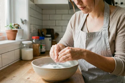 Femme retirant de la colle forte séchée sur ses doigts au-dessus d'un bol d'eau savonneuse dans une cuisine