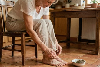 Femme massant son talon douloureux avec un remède de grand-mère dans une cuisine rustique