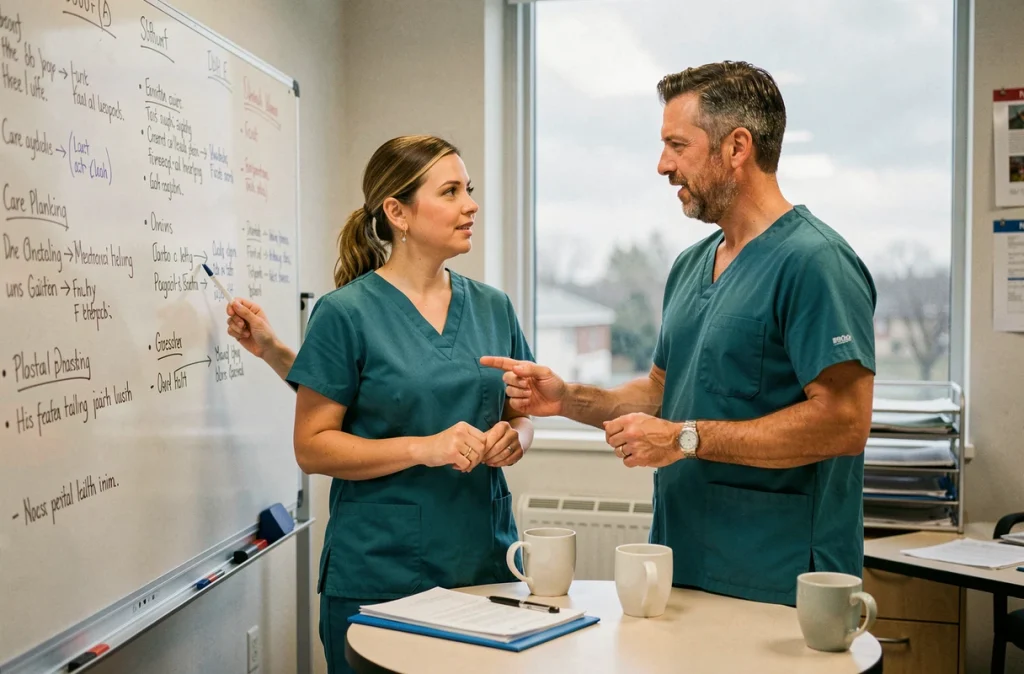 Deux infirmiers en santé mentale collaborant autour d'un tableau de planification des soins dans une salle d'équipe hospitalière