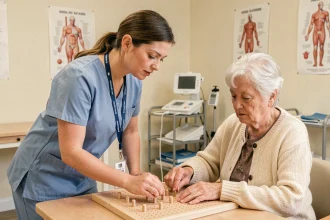 Ergothérapeute accompagnant une patiente âgée lors d'un exercice de rééducation de la main en clinique de réadaptation