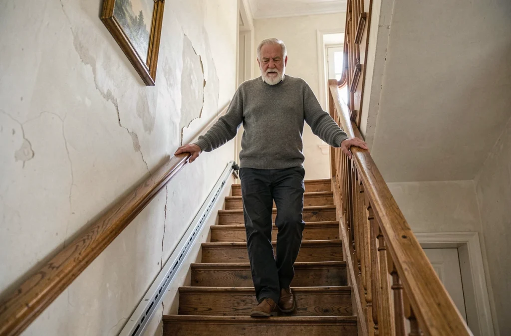 Homme senior descendant un escalier équipé d'un monte-escalier et d'une rampe dans une maison adaptée