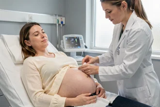 Femme enceinte du deuxième trimestre lors d'une échographie obstétricale réalisée par une gynécologue dans une clinique moderne