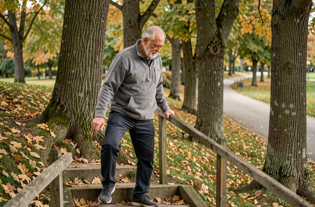 Homme senior effectuant des exercices de montée de marches dans un parc en automne pour renforcer ses jambes et prévenir les chutes