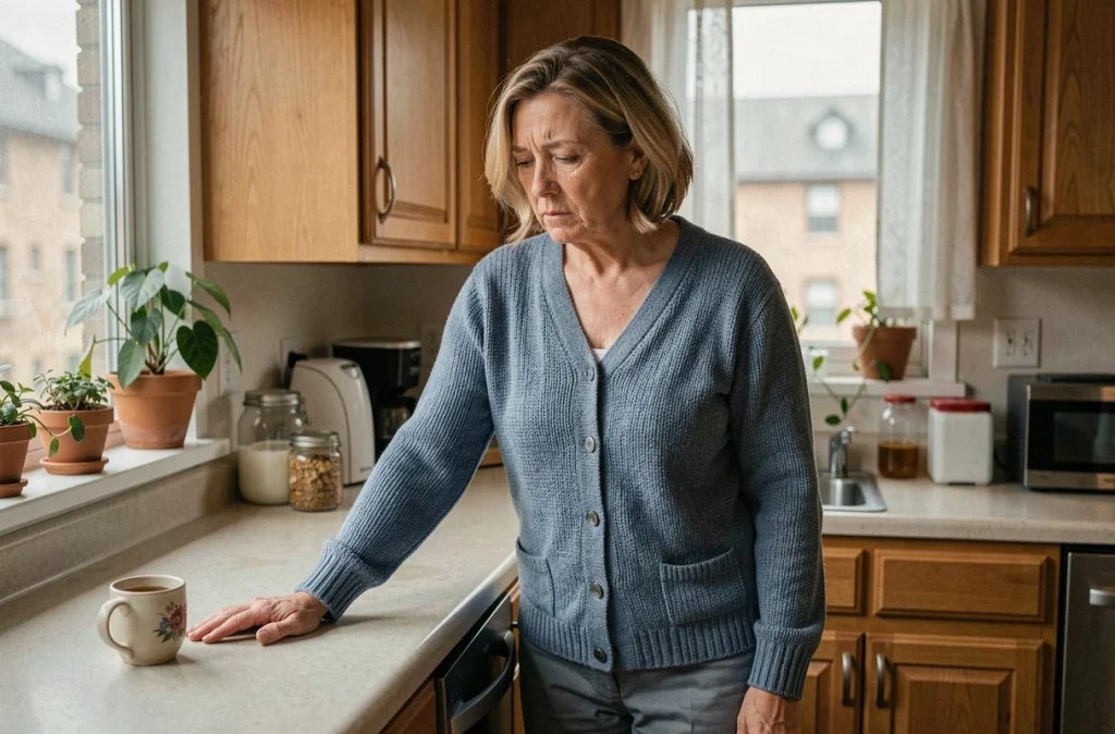 Femme d'âge mûr marquée par la fatigue chronique de la fibromyalgie dans sa cuisine