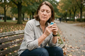 Femme adulte utilisant un inhalateur pour l'asthme dans un parc en automne