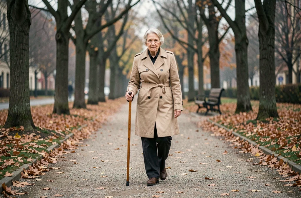 Femme âgée marchant lentement dans un parc avec une posture voûtée, illustrant des symptômes moteurs liés à la maladie de Parkinson