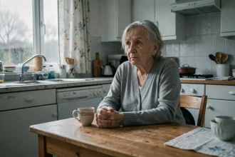 Femme âgée assise seule à une table de cuisine avec une tasse de thé froide, regard perdu dans le vide, illustrant la dépression chez les personnes âgées